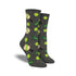 Socksmith Women's Pickleball Cotton Crew Socks featuring green paddles, balls, and pickles on dark grey fabric. Fun gift for pickleball lovers.