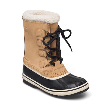 Light tan leather lace up Sorel boot with black rubber foot and white faux fur cuff.