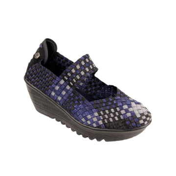 Thick black wedge with elastic upper with closed toe and ankle band in blue/black/silver checkered design
