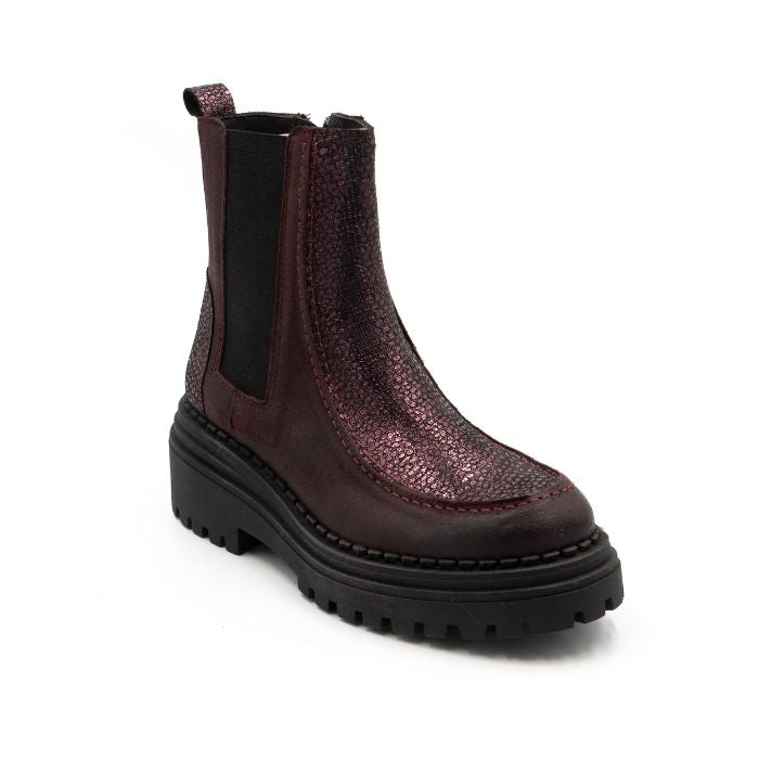 Burgundy Chelsea boot with black platform outsole.