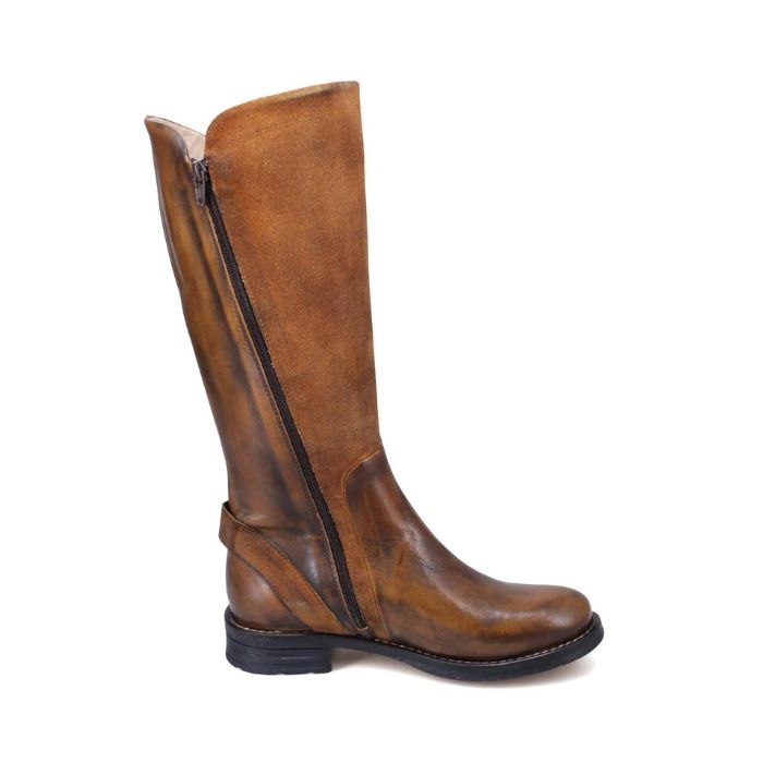 Tall brown leather boot with full length inside zipper.