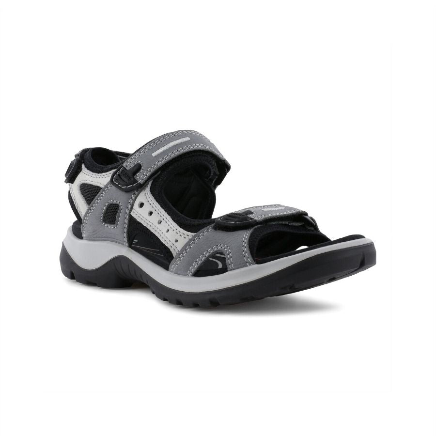 Grey sport sandal with three adjustable straps, grey midsole and black outsole.