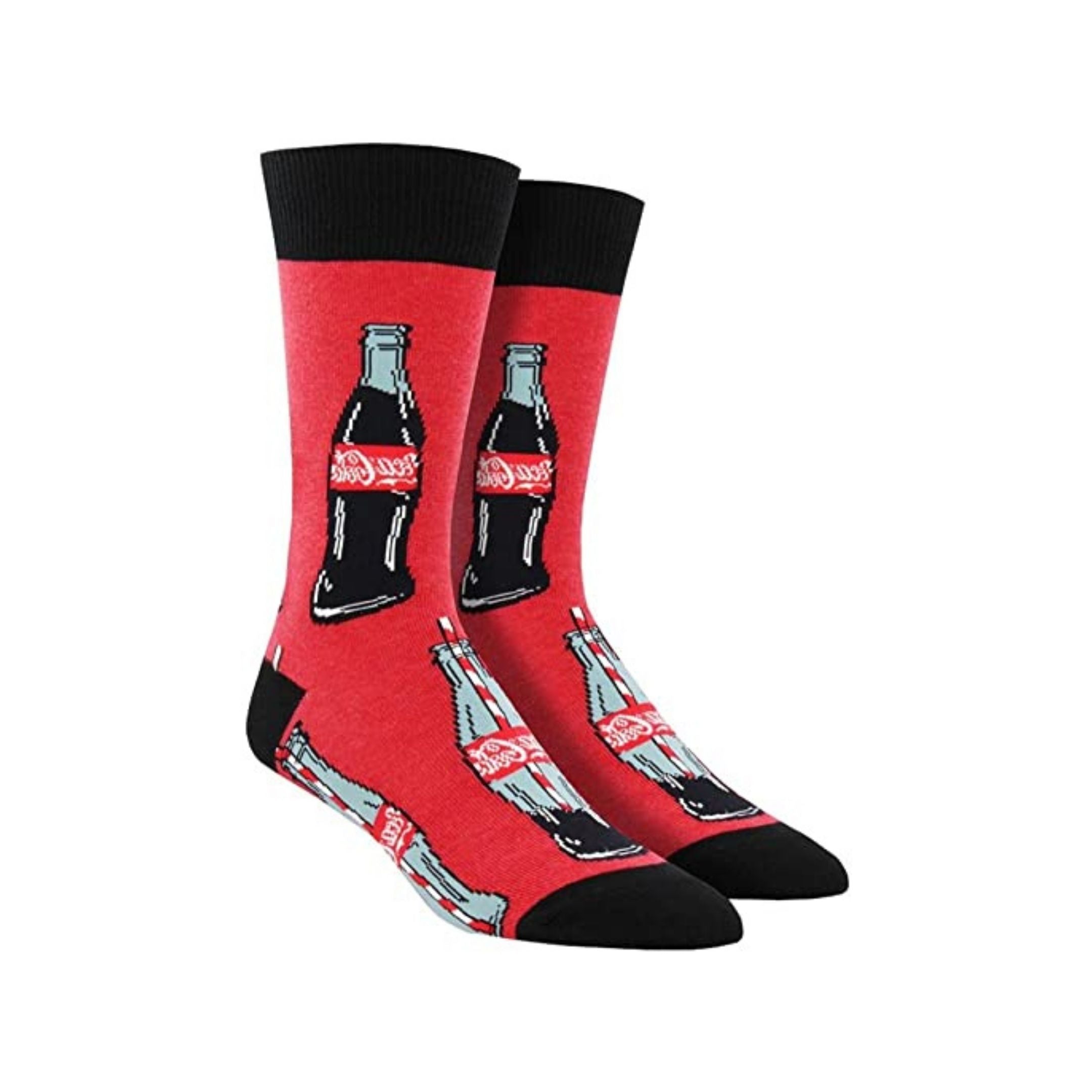 Red socks with black accents and coca cola bottles