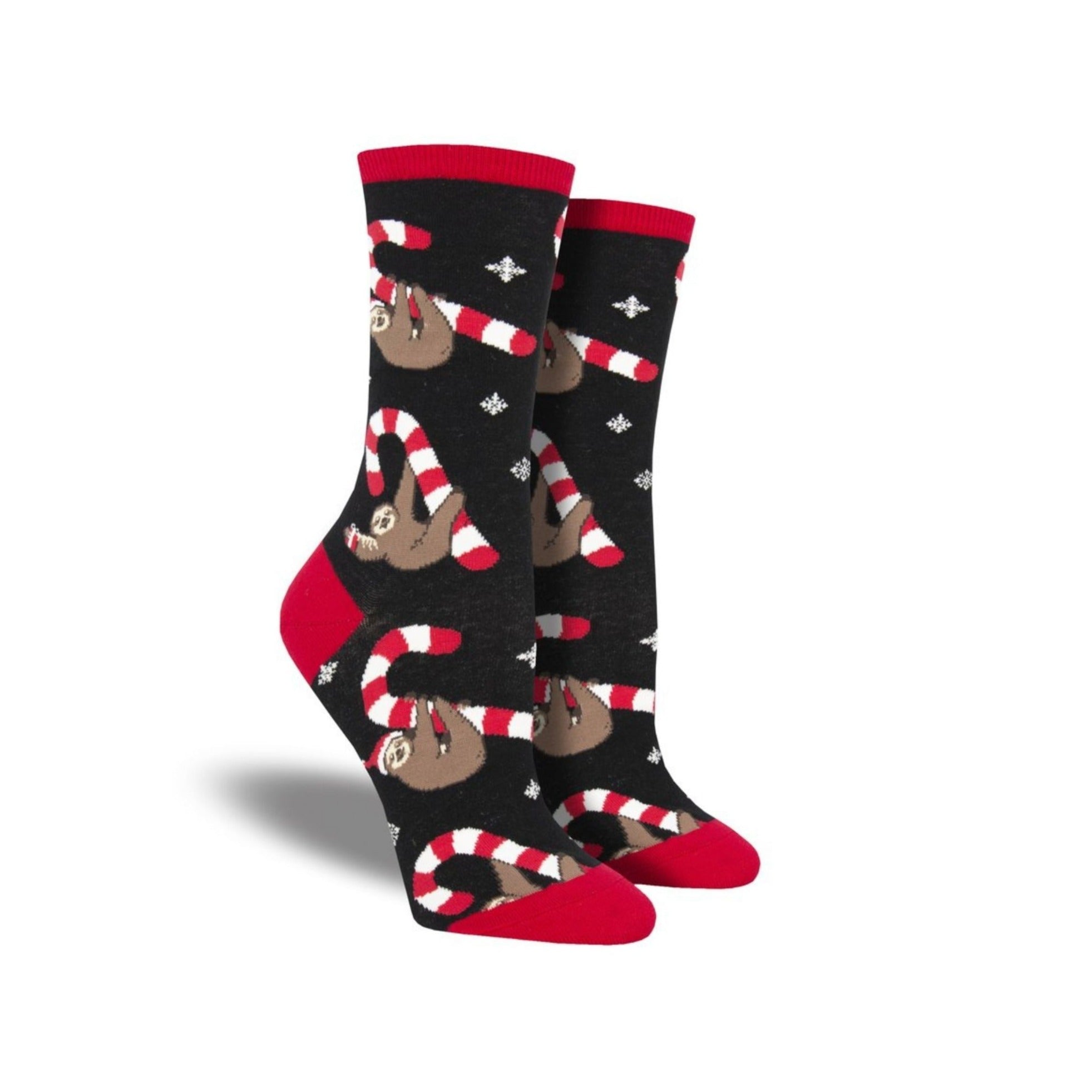 Black socks with red accents featuring sloths hanging from candy canes