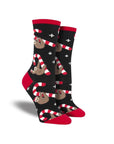 Black socks with red accents featuring sloths hanging from candy canes