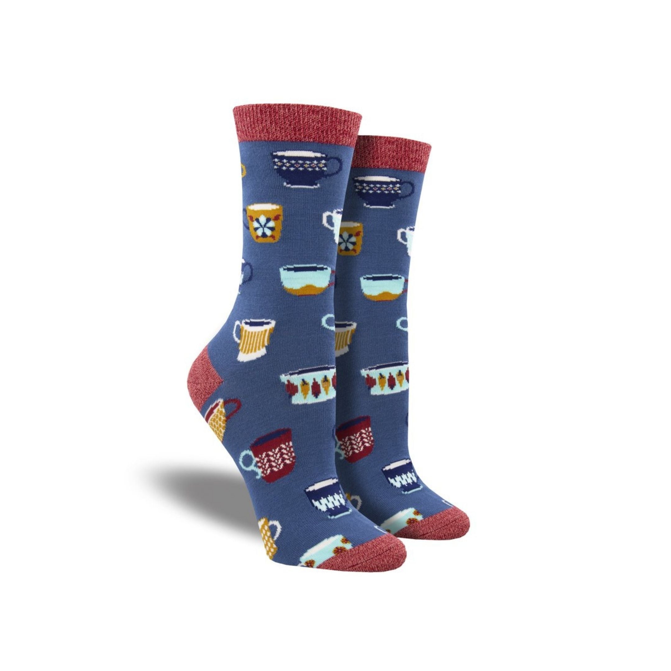 Blue socks with red accents featuring multiple types of mugs