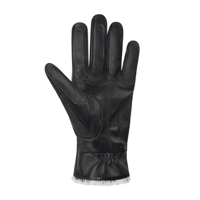 Palm of an Auclair black leather glove with stitched detailing and a grey faux fur cuff. 