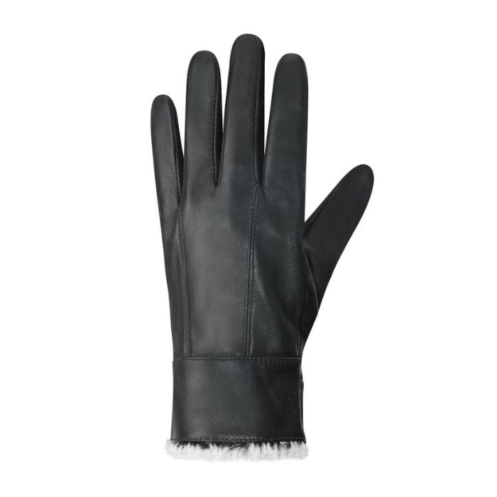 An Auclair black leather glove with grey faux fur cuff. 