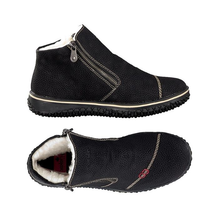 White thick lining in a black ankle boot with grey stitching details, few small red square  designs  and a front side zipper from top and side view