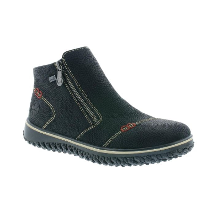Black ankle boot with grey stitching details, few small red square  designs  and a front side zipper