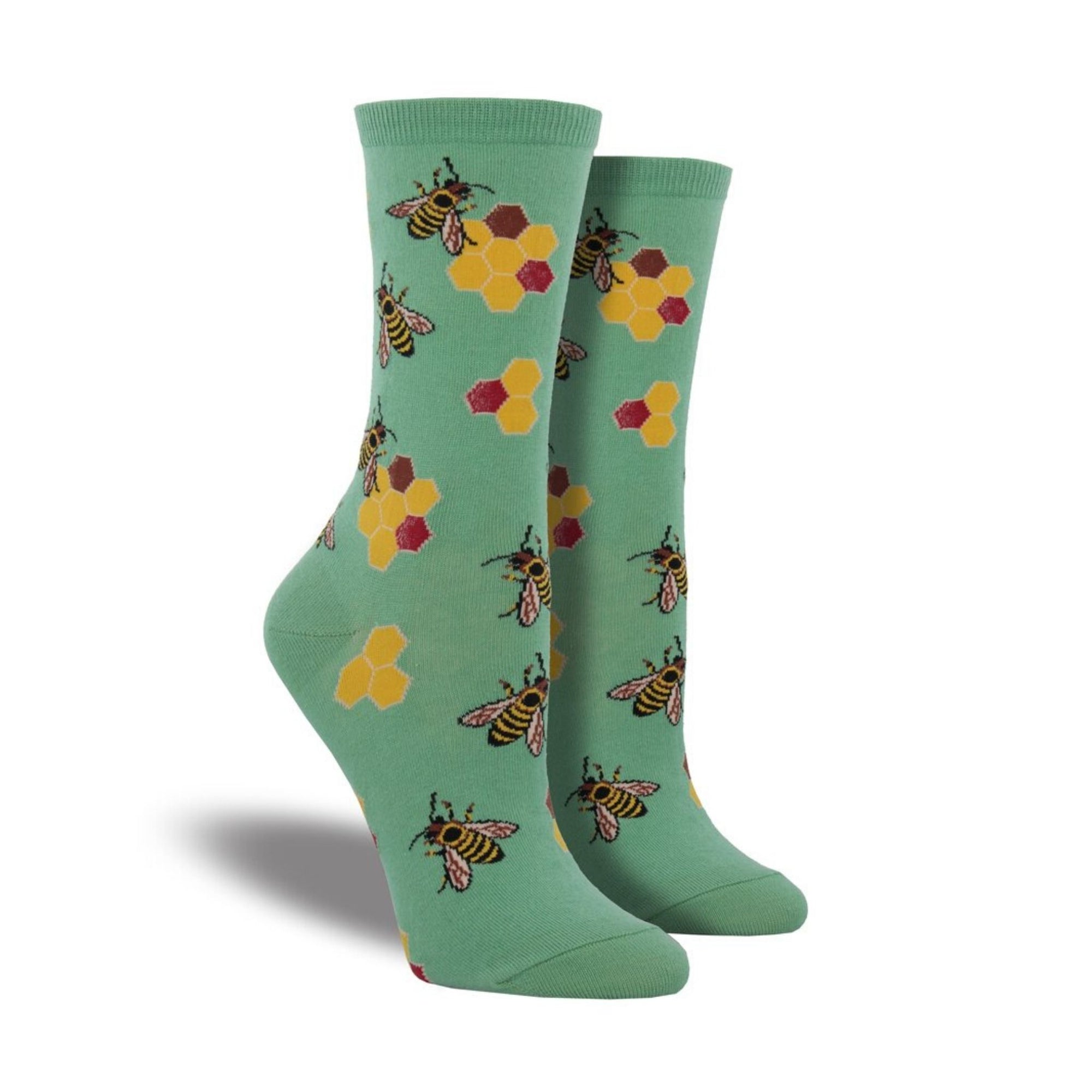 Teal socks featuring bees and honey combs