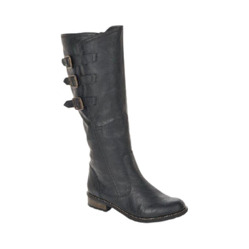 Tall black boot with 3 adjustable width buckles at top and slight heel