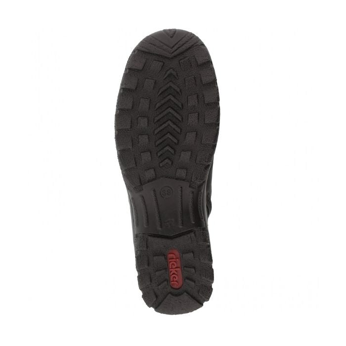 Black extra tread outsole on black ankle boot by Rieker